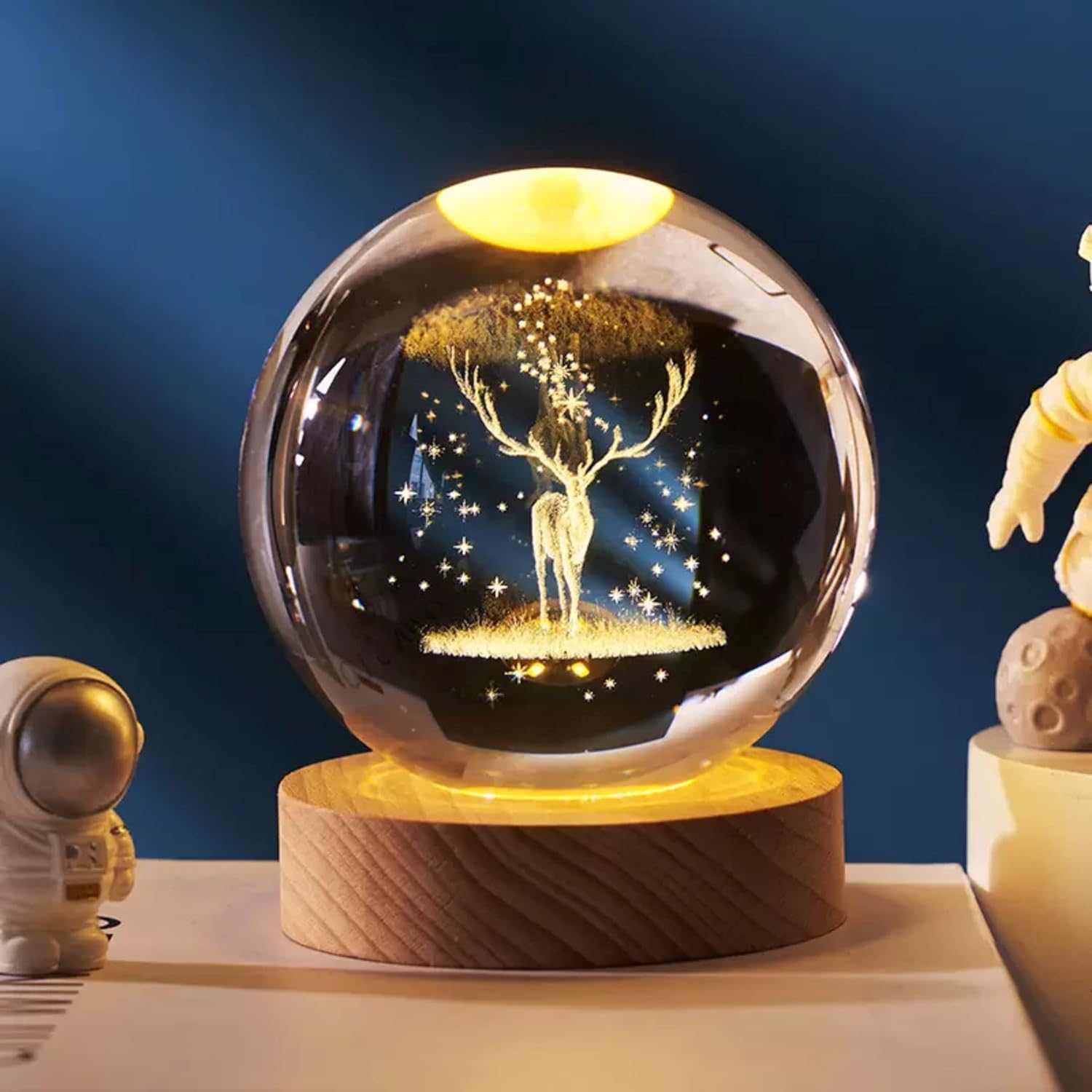 Crystal Deer Globe Night Lamp – 3D Engraved LED Ball Light with Wooden Stand, USB Powered – Ideal for Bedroom, Desk, Home Décor & Gifts (Warm White - 1 Pcs)